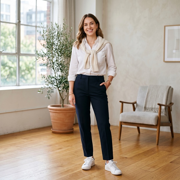 Camisa blanca combinada con prendas de entretiempo para un look versátil