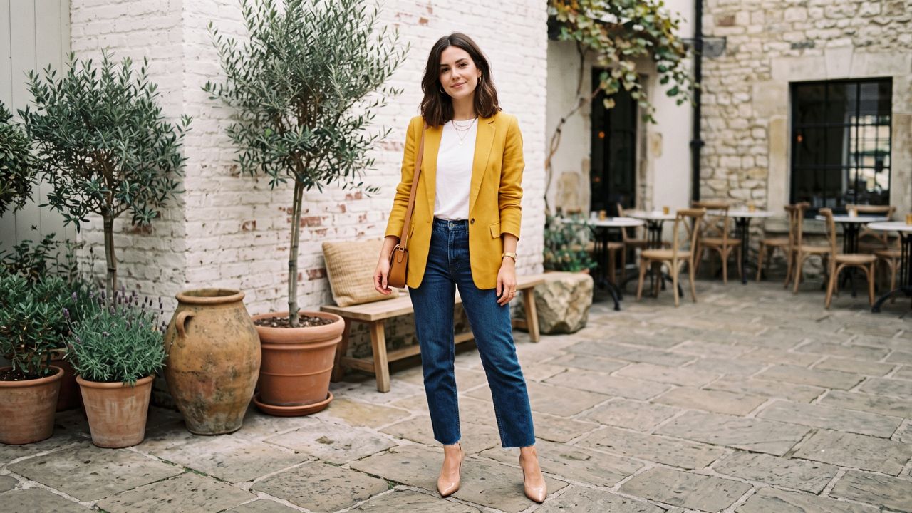 Mujer con outfit mostaza y prendas en tonos neutros