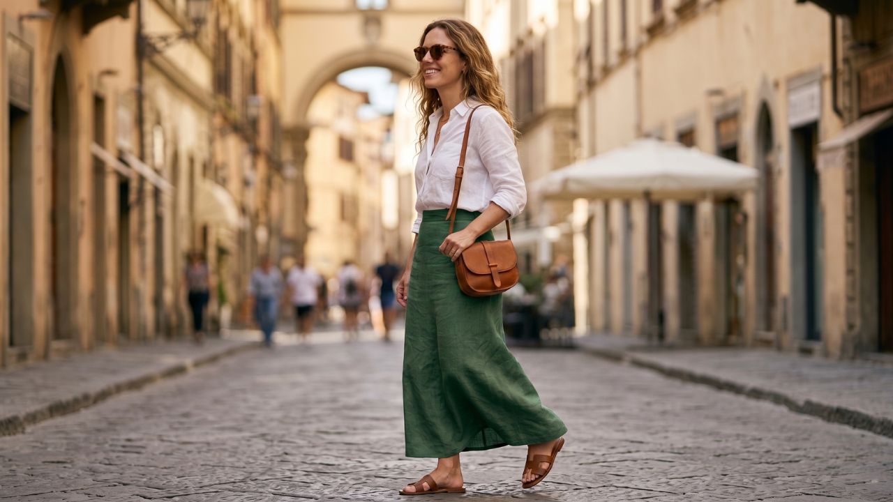 Mujer con falda larga color neutro combinada con camisa blanca