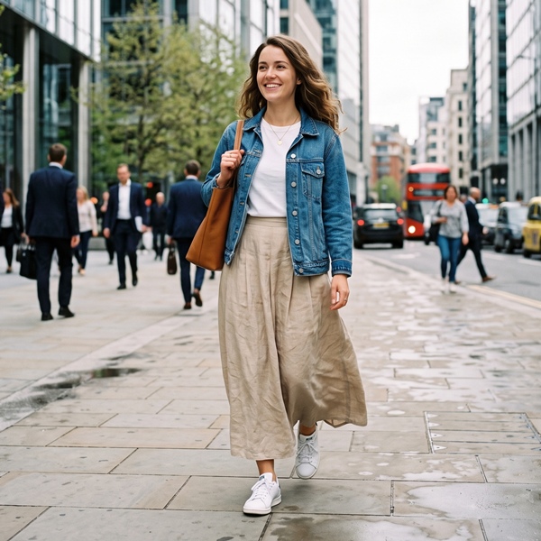 Look casual con falda larga beige y tenis blancos