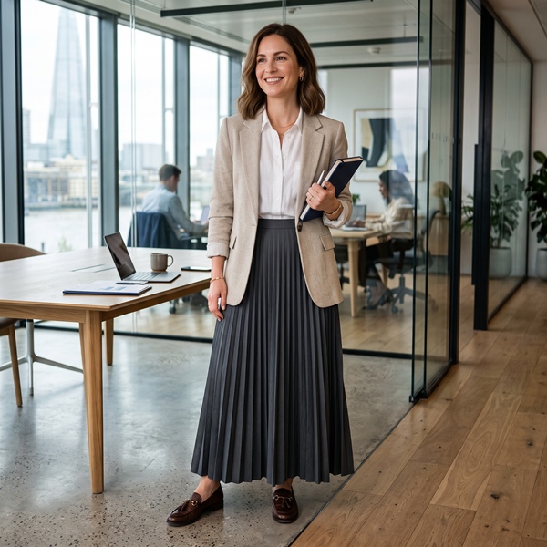 Look de oficina con falda larga plisada y blazer