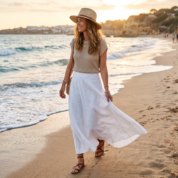 Outfit de playa con falda larga vaporosa y sombrero