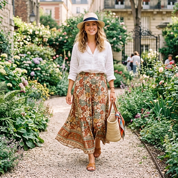 Outfit bohemio con falda larga floral y sombrero de ala ancha