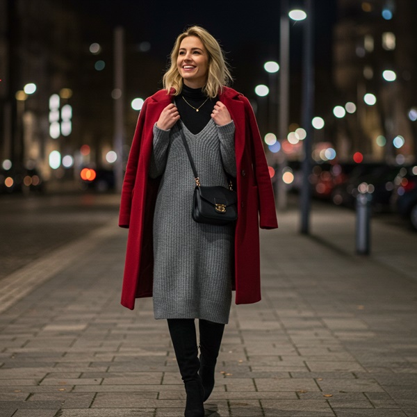 Look elegante de noche con layering: camisa, vestido y abrigo
