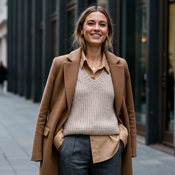 Look profesional con camisa, chaleco y abrigo
