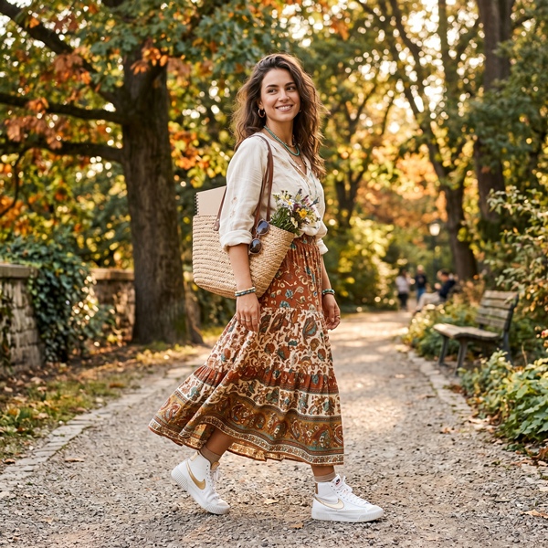 outfit boho chic con tenis de plataforma falda larga y blusa fluida 
