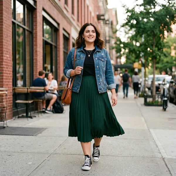 outfit femenino con tenis falda plisada y chaqueta de mezclilla 