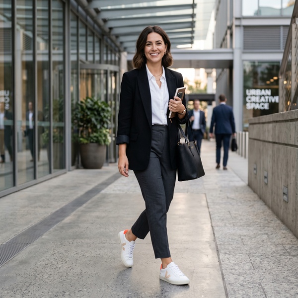 outfit con tenis para oficina con blazer pantalón de vestir y camisa blanca 