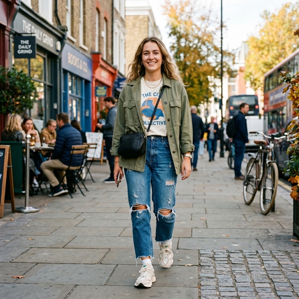 outfit street style con tenis chunky jeans rotos y chamarra 