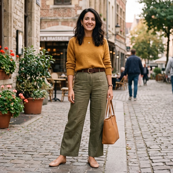 Suéter mostaza con pantalón verde oliva y accesorios café