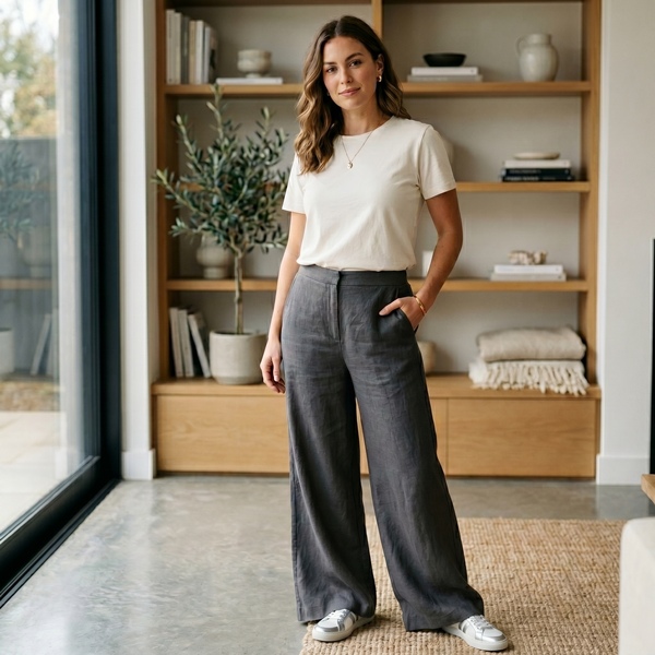 Mujer usando pantalones de tela con camiseta básica para un look versátil