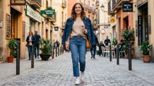 Mujer combinando un suéter ligero con jeans para un look cómodo de entretiempo