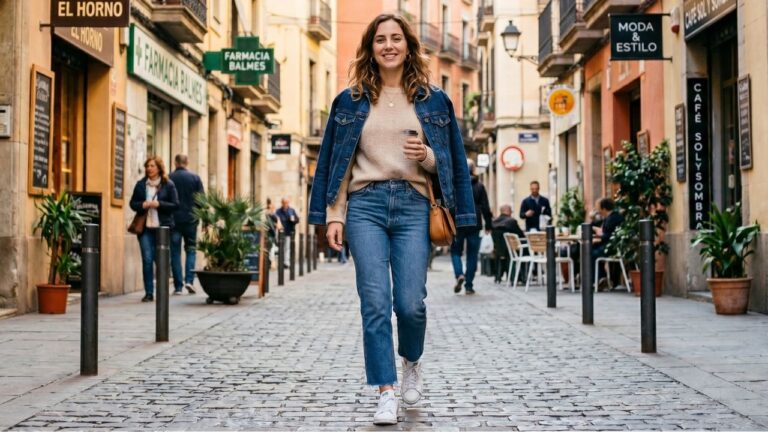 Mujer combinando un suéter ligero con jeans para un look cómodo de entretiempo