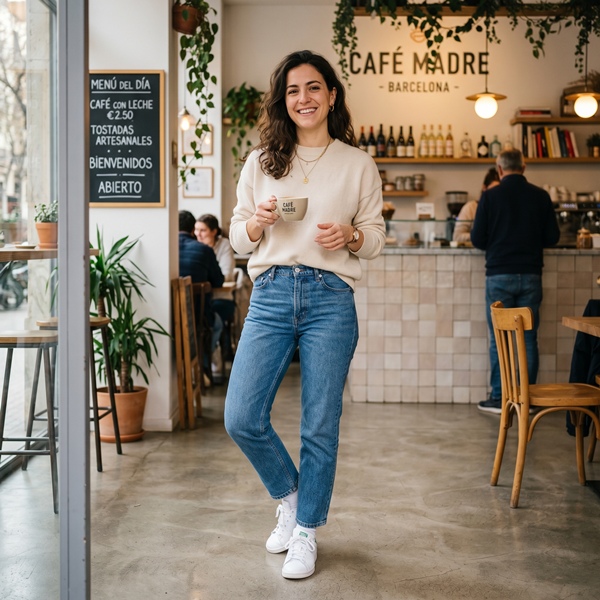 Mujer combinando un suéter ligero con jeans para un look cómodo de entretiempo.