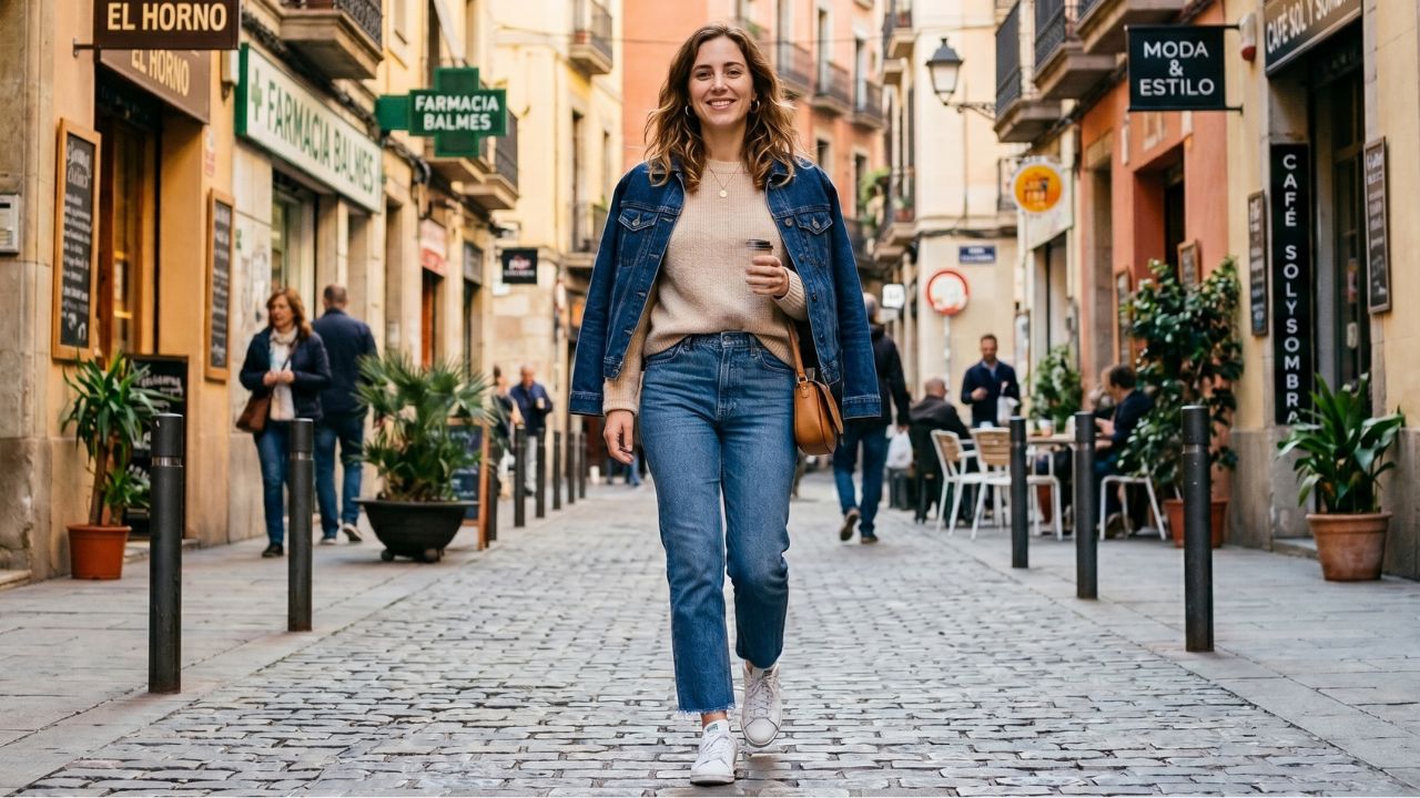 Mujer combinando un suéter ligero con jeans para un look cómodo de entretiempo