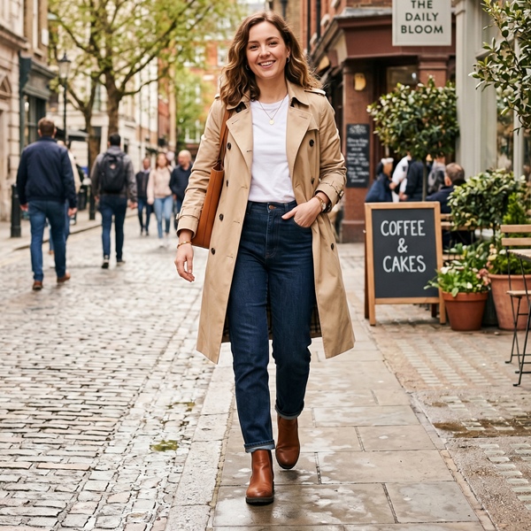 Mujer usando trench coat clásico para un look ideal en días frescos