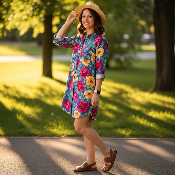 look casual con vestido camisero estampado floral, sandalias planas y sombrero