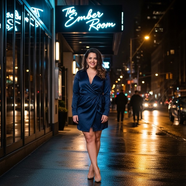 Vestido camisero satinado azul, tacones altos y accesorios