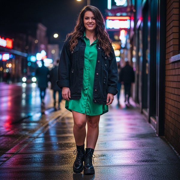 Vestido camisero corto de cuero negro, botas y chaqueta oversize