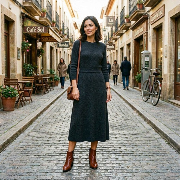 Vestido de manga larga combinado con botas para un look de temporada