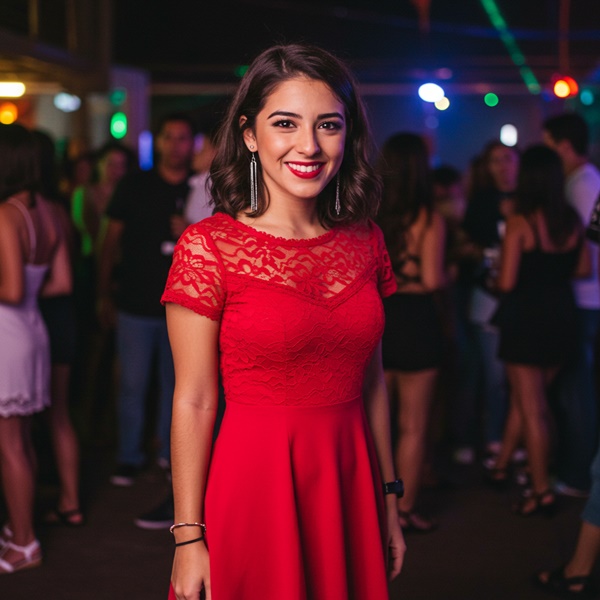 Mujer con vestido rojo elegante para cena formal