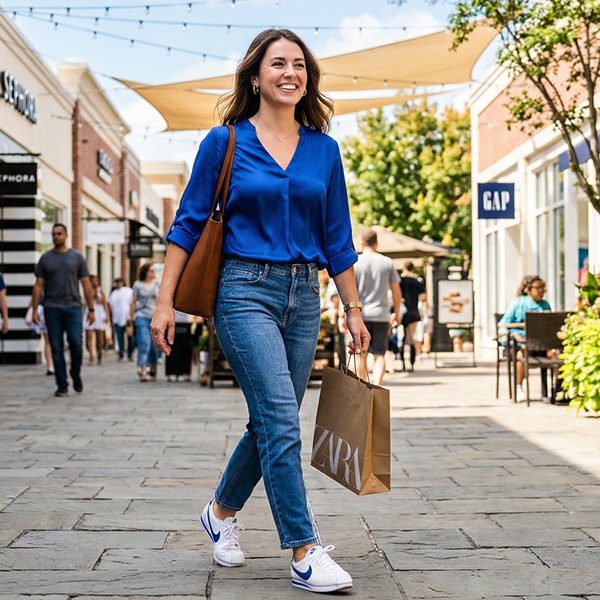 Look casual con blusa azul rey, jeans y tenis.
