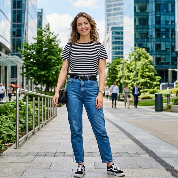 Look casual con camiseta de rayas negras y jeans