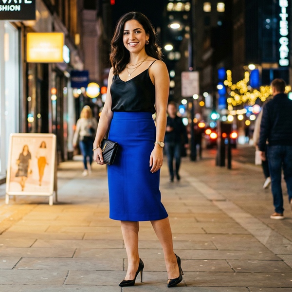 Para una salida de noche, falda lápiz color azul rey y top negro