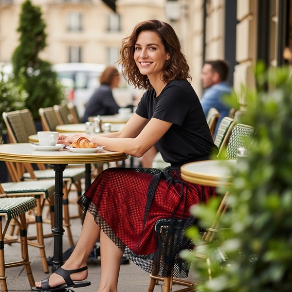 falda midi de mesh con camiseta básica y sandalias, look femenino