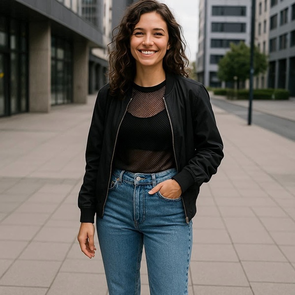 look casual con top de mesh negro, bralette neutro y jeans de tiro alto