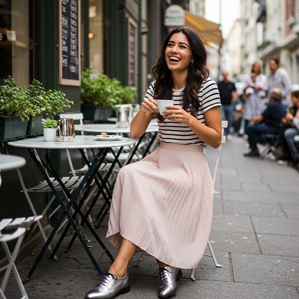 Zapatos oxford para mujer en un look femenino con falda plisada