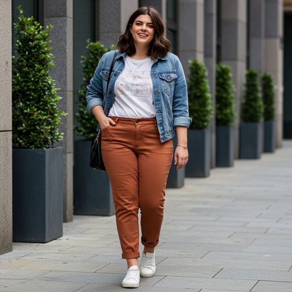 Look relajado con pantalones terracota, camiseta y chamarra de mezclilla