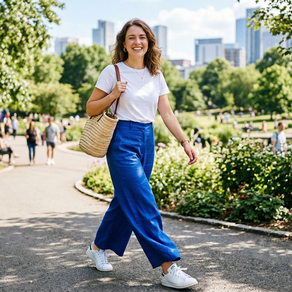 Look casual con pantalón palazzo color azul rey y camiseta blanca básica
