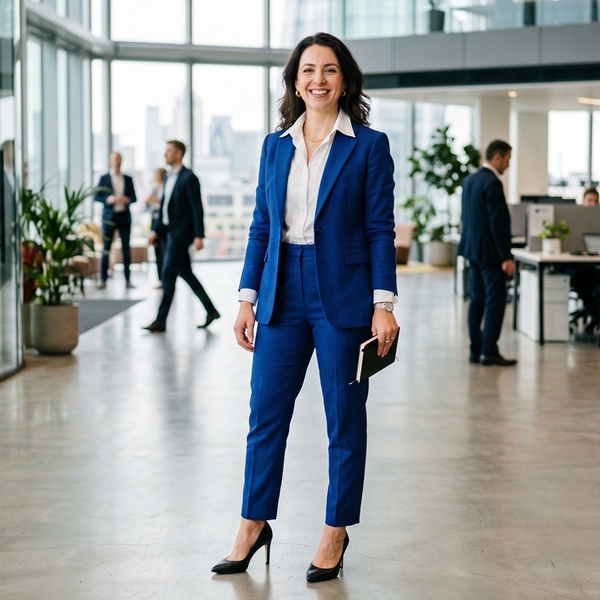 Look profesional con traje sastre color azul rey y camisa blanca