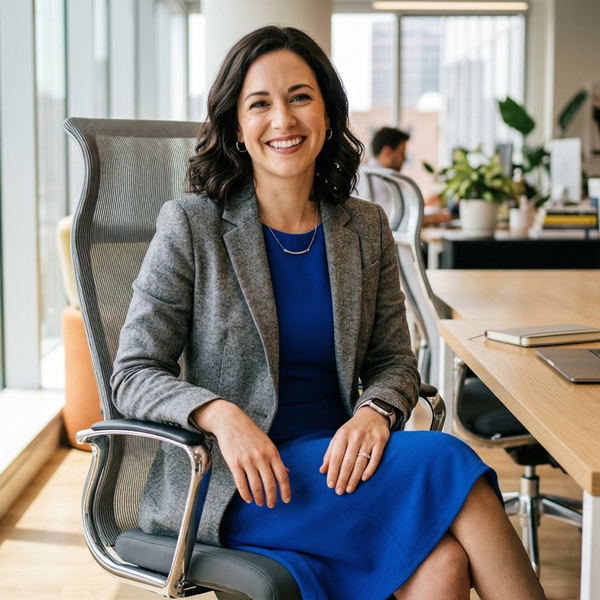 Look profesional con vestido azul rey y blazer gris