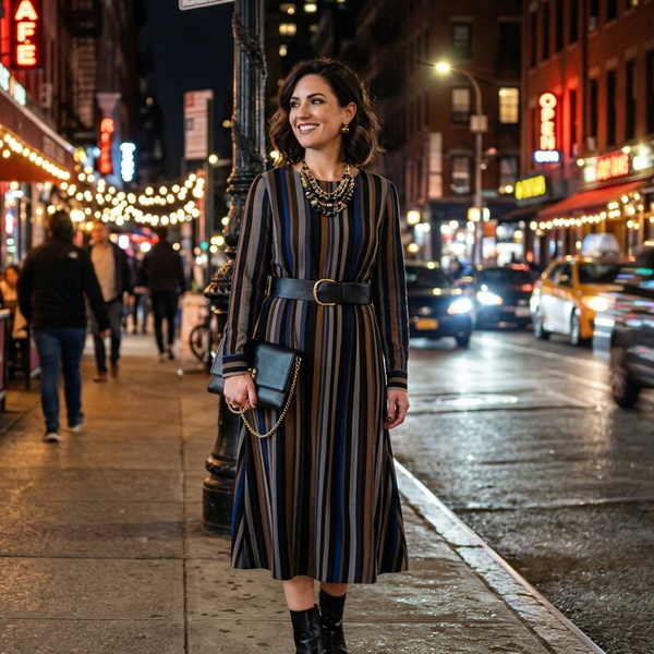 Look elegante con vestido de rayas verticales