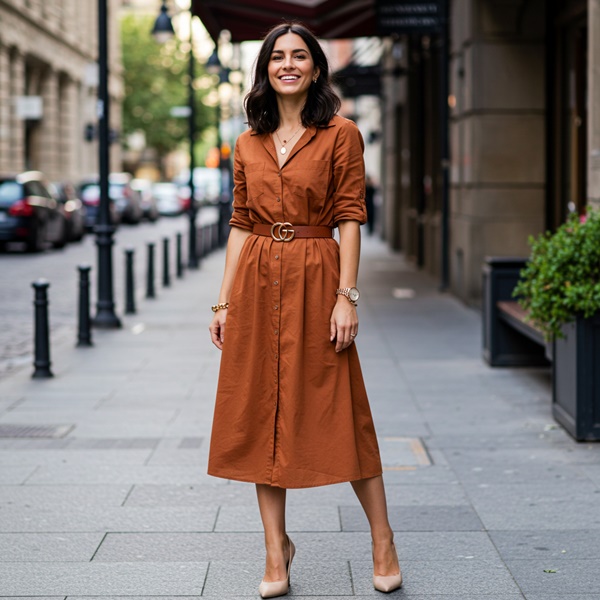 Look moderno con vestido midi color terracota y tacones