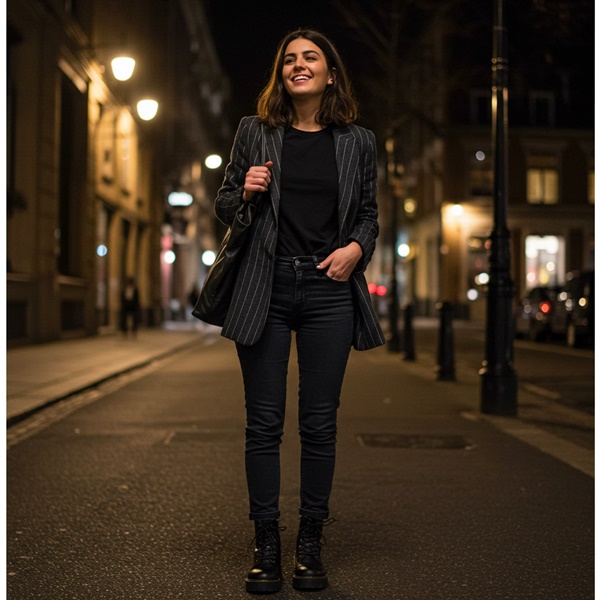 Look urbano con blazer oversize de raya de gis