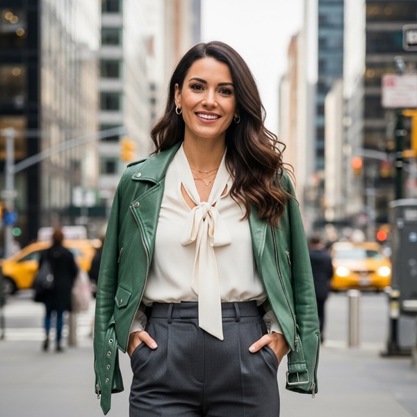 Look profesional con chamarra de cuero y blusa elegante