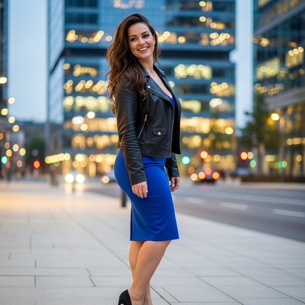 Look femenino con chamarra de cuero y falda lápiz