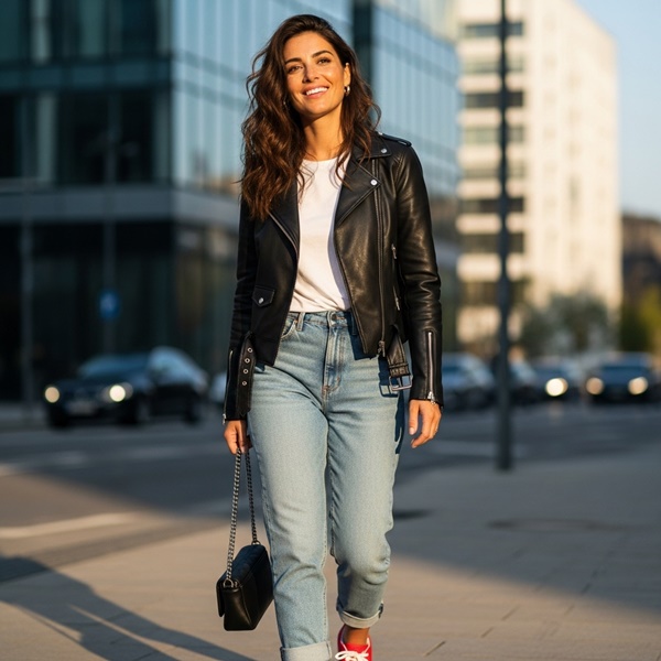 Look casual con chamarra de cuero y jeans