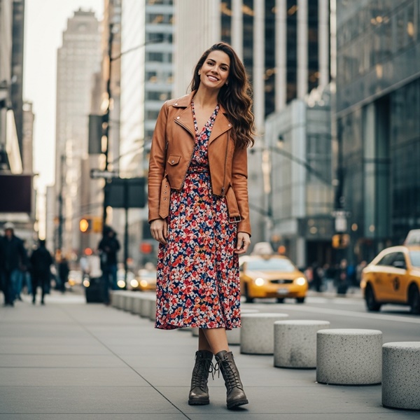 Look romántico con vestido floral y chamarra de cuero