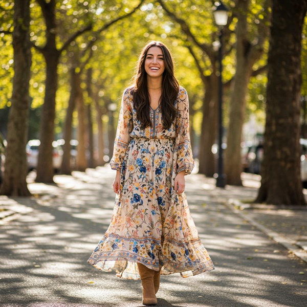Para un look boho, lleva tus botas largas con un vestido largo de estampado floral