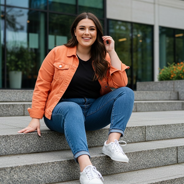 Look casual con chamarra de mezclilla naranja mandarina y jeans