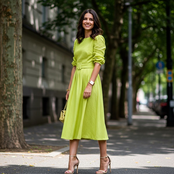 Look con vestido midi color lima y sandalias de tacón