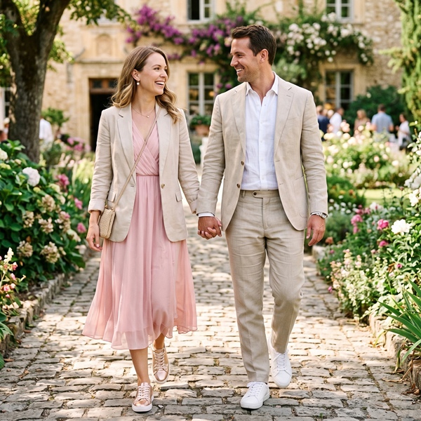 Look para hombre y mujer en una boda con dress code formal con tenis 