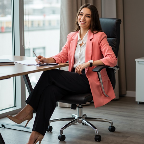 Look de oficina con blazer color toronja y pantalones negros