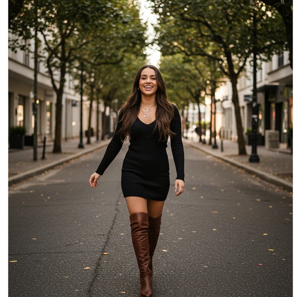 Combina tus botas largas con un vestido de punto