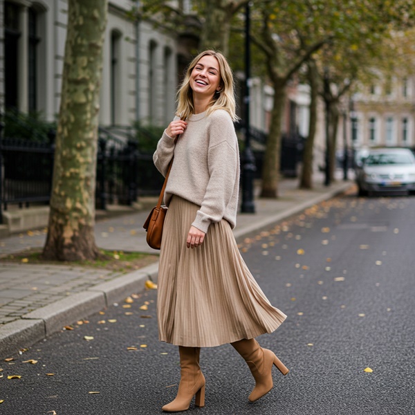 Combina tu botas largas con una falda midi para un look sofisticado