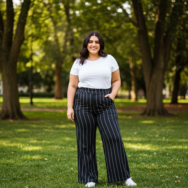 Look causal con pantalón amplio con raya de gis y camiseta básica